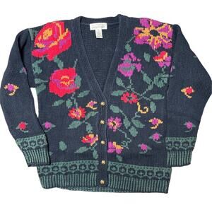 Jones New York Exclusive Hand knit 90s Floral Cotton Blend Cardigan M
